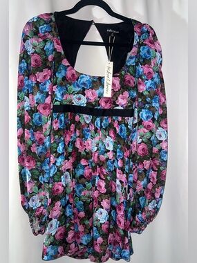 For Love & Lemons Delaney Pink/Blue Floral Empire Waist Backless Dress